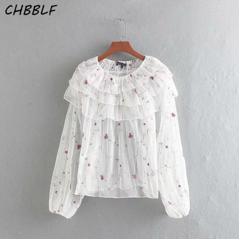 

CHBBLF women sweet floral embroidery ruffles blouse long sleeve female stylish see through shirt elegant chic top blusas CDC9327
