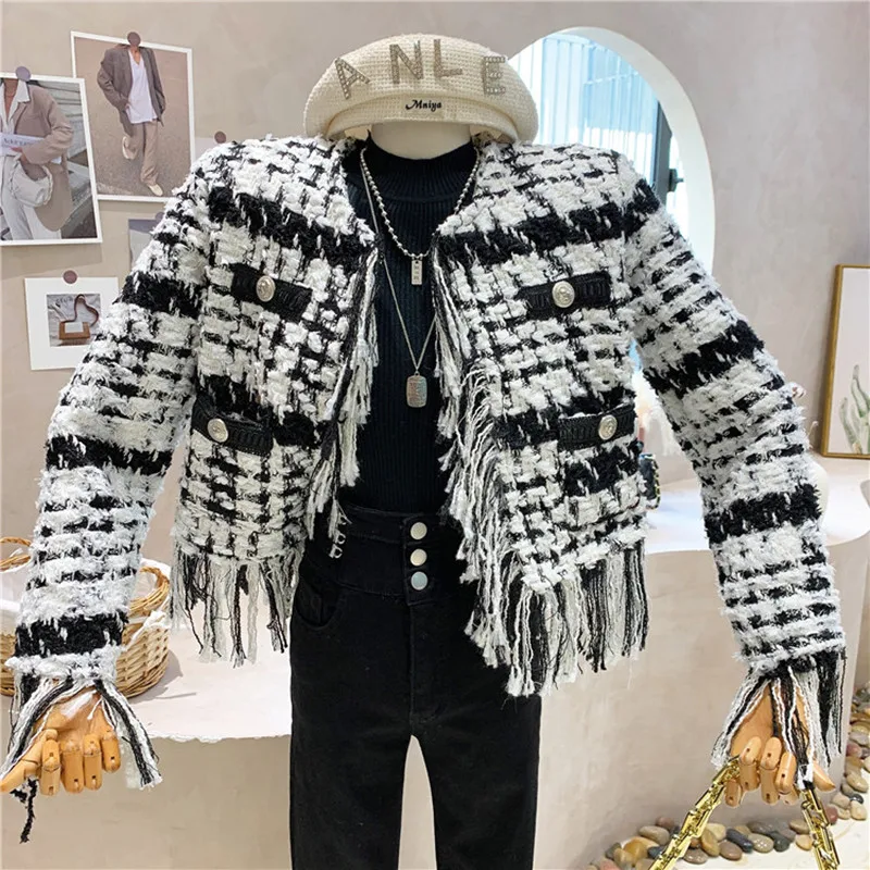 

New Women's Clothing 2021 Autumn Winter Temperament long sleeve loose Cardigan top Tweed plaid Short coat