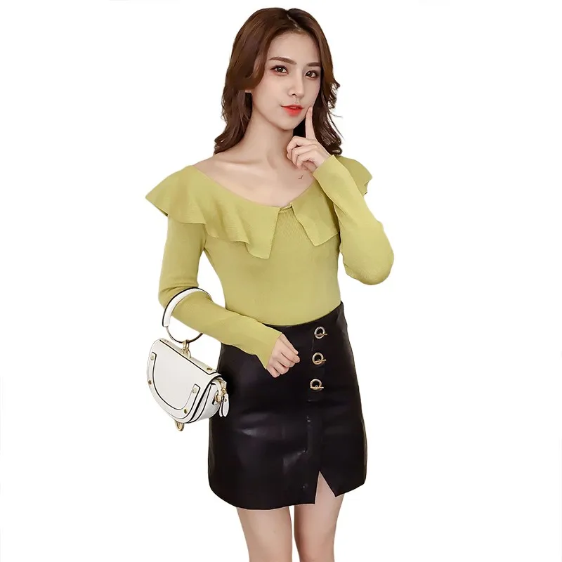 

Casual Womens Ruffles Collars Shirts Knitted Thin Sweaters Pullovers Basic Shirts Slim Tops Rk