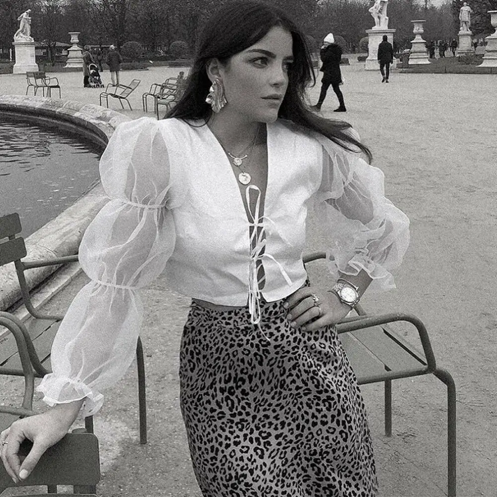 Женская прозрачная блузка в стиле ретро Повседневная с длинными