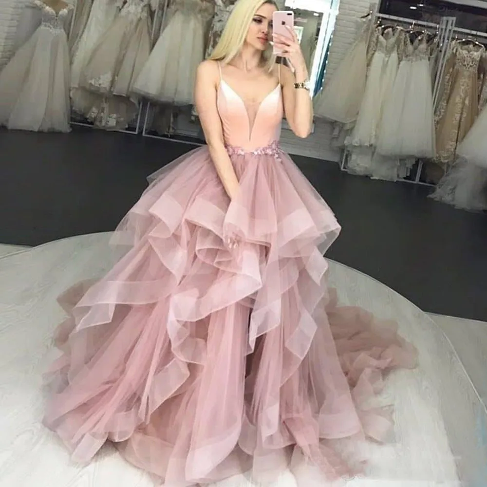 

MYYBLE Unique Pink Tulle Puffy A Line Quinceanera Dresses V Neck Appliques Spaghetti Strap Tiered Ruffles Prom Gown Customized