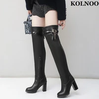 kolnoo handmade new women chunky heel over knee boots buckle deco evening party prom winter booties blackwhite fashion shoes