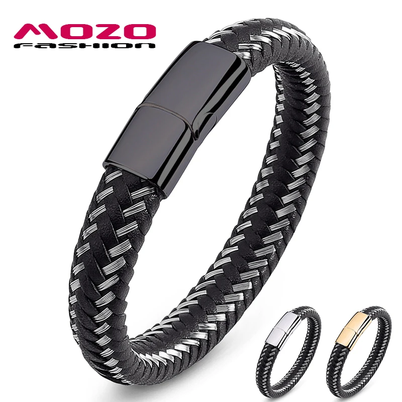 

Fashion Bangle Men Stainless Steel Wire & Leather Braided Rope Black Chain Bracelet For Women Gift