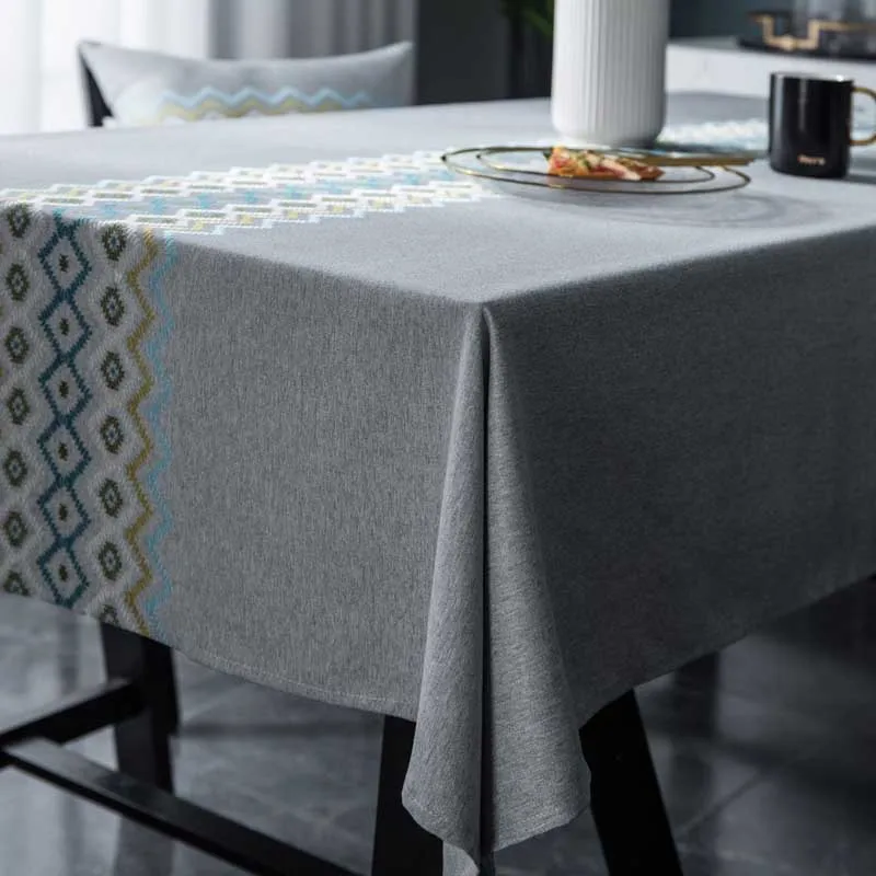 Скатерть с цветочной вышивкой однотонная прямоугольная ткань из хлопка и льна