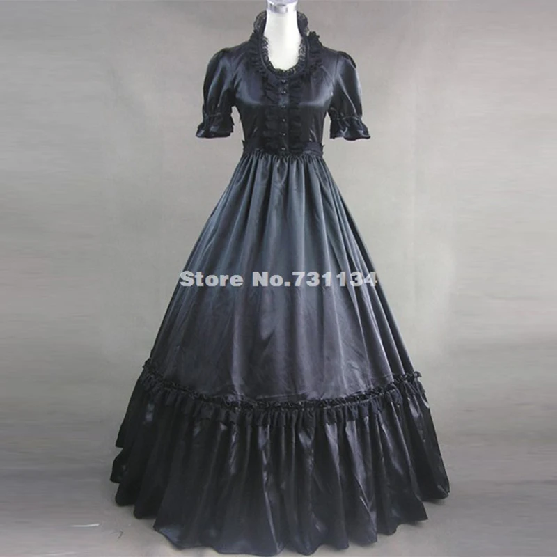 Black Satin Victorian Gothic Dress Period Ball Gown Women Theatre Clothing Halloween Party Dresses Costume