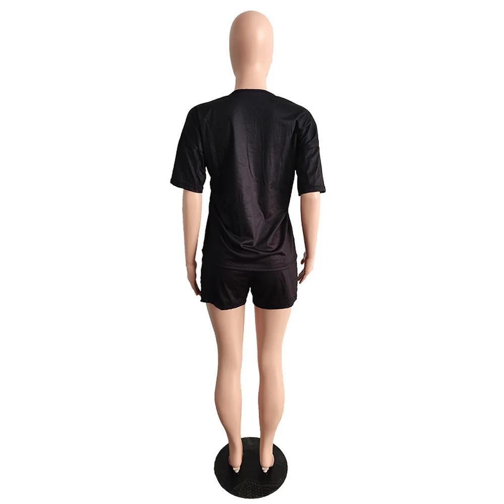 

Casual Plus Size 2 Two Piece Sweatsuit Summer Outfits for Women Letter Print Short Sleeve T-shirt Top Drawstring Sporty Shorts