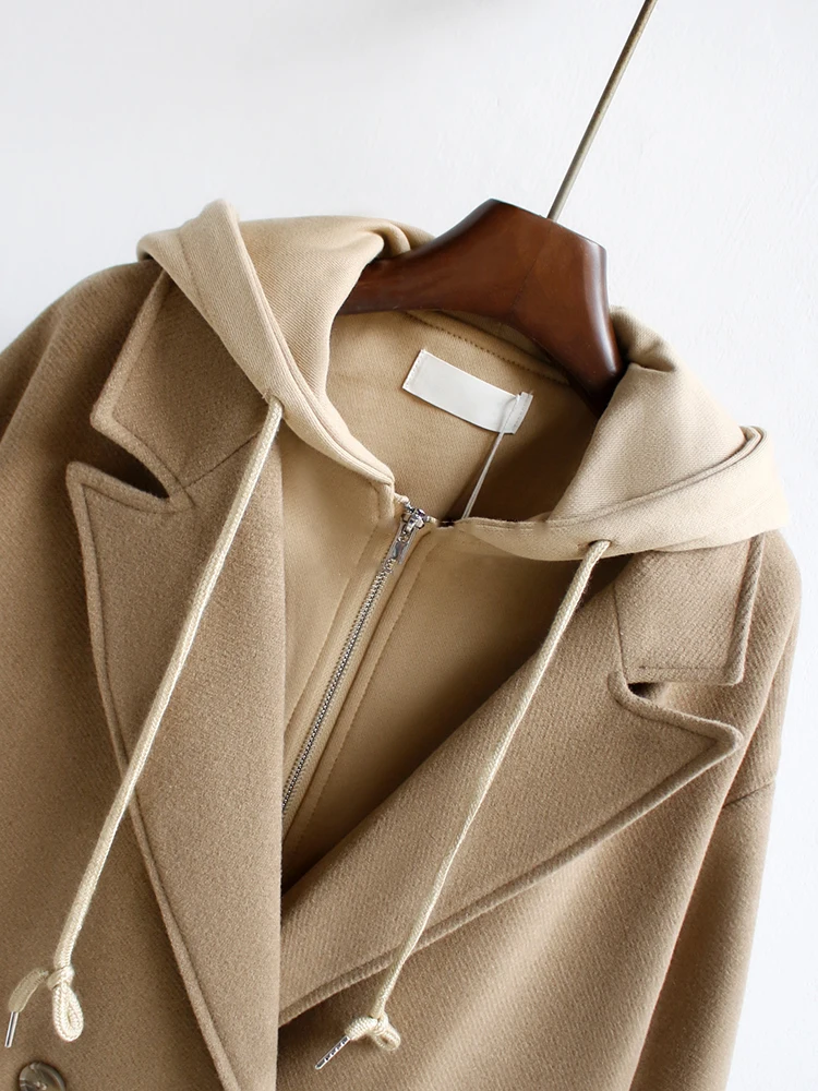 

woolen hooded Coat Women's mid-length Winter Korean version large size fake two-piece coat Female D187