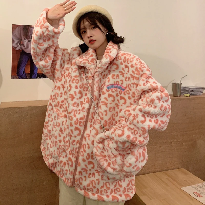 Oversize leopard print cotton women's winter  velvet thick lamb wool coat autumn ins port wind Harajuku cotton clothing tide