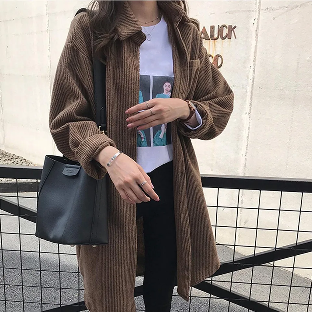 

New Harajuku Corduroy Long Jackets Women Winter Autumn Coats Overcoats Female Big Tops Cute Jackets Solid Clothing Plus Size#4