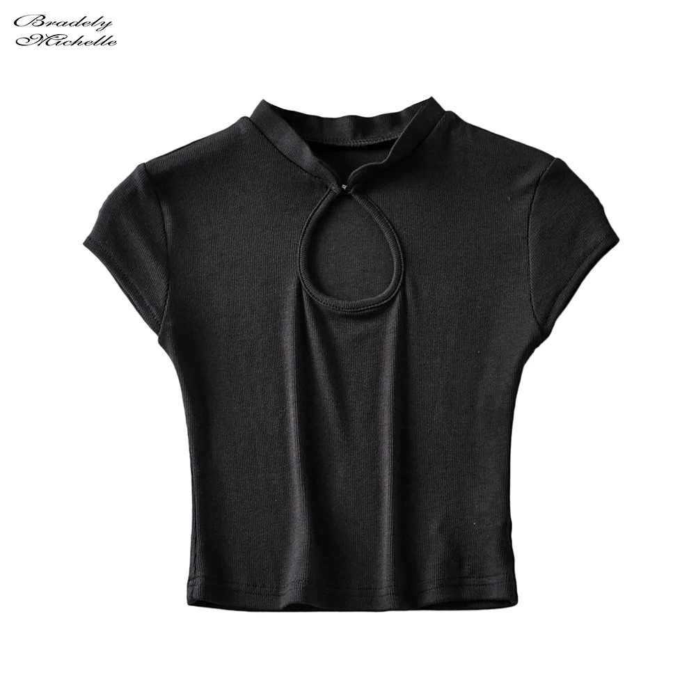 Модный сексуальный летний женский кроп-топ с вырезом облегающая футболка