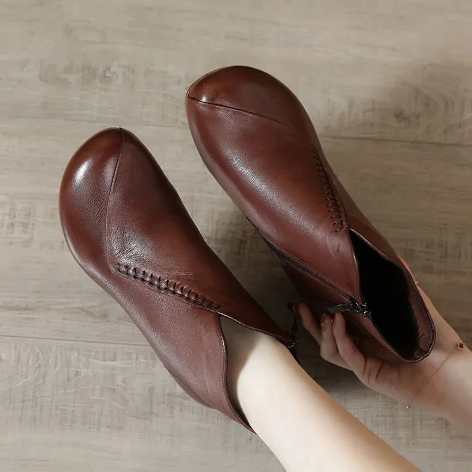 

Retro Stylish Sewing Boots Women Mid-Heeled Cowhide Leather Woman Booties Comfortable Versatile Ankle Shoes Mother Leather Boots