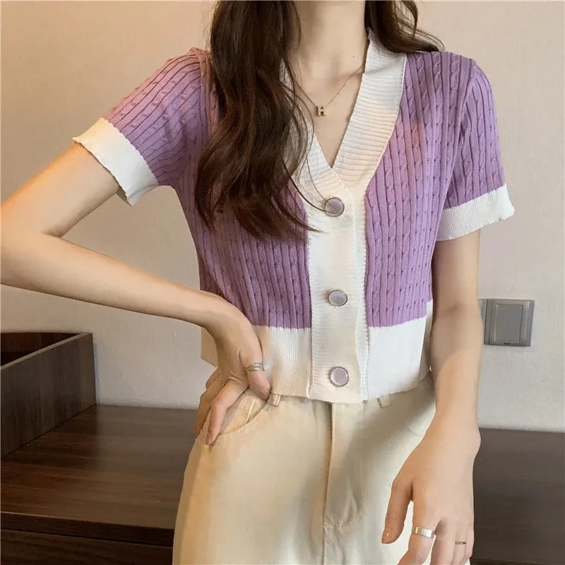 

T Shirts Women V Neck Buttons Knitted Short Cardigan Summer Fashion Tops Tees Female Short Sleeved Slim Crop Tops
