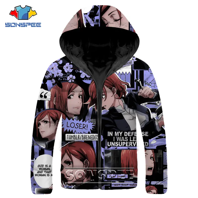 SONSPEE Anime Jujutsu Kaisen Gojo Satoru Parkas 3D Print Hip Hop Down Jacket Winter Men Women Keep Warm Streetwear Jacket Female