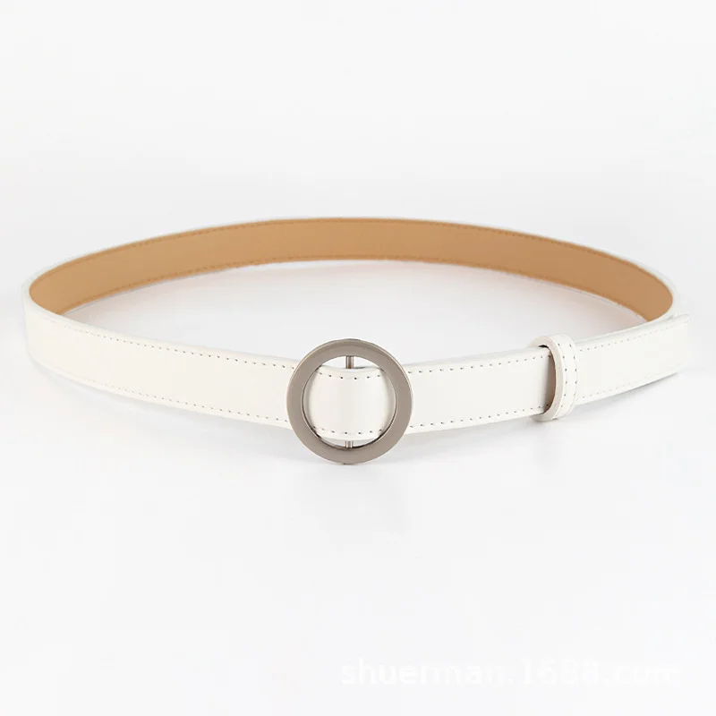 

Versatile Women's Jean Belt, Plain Leather Jeans And Round Buckle With Decorative Pin 105 In White Sweet Style
