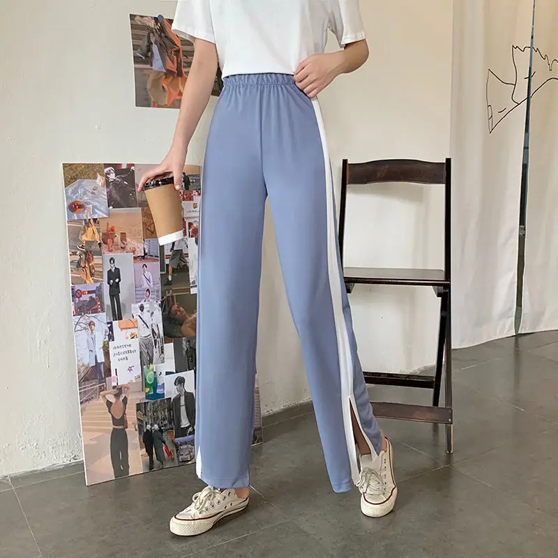 

Женские брюки с широкими штанинами, новинка 2020, повседневные свободные прямые брюки, однотонные модные спортивные брюки в полоску с высокой талией, брюки, джоггеры