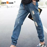 covrlge men stretchy ripped skinny casual jeans destroyed hole taped slim fit denim scratched high quality streetwear mkx059