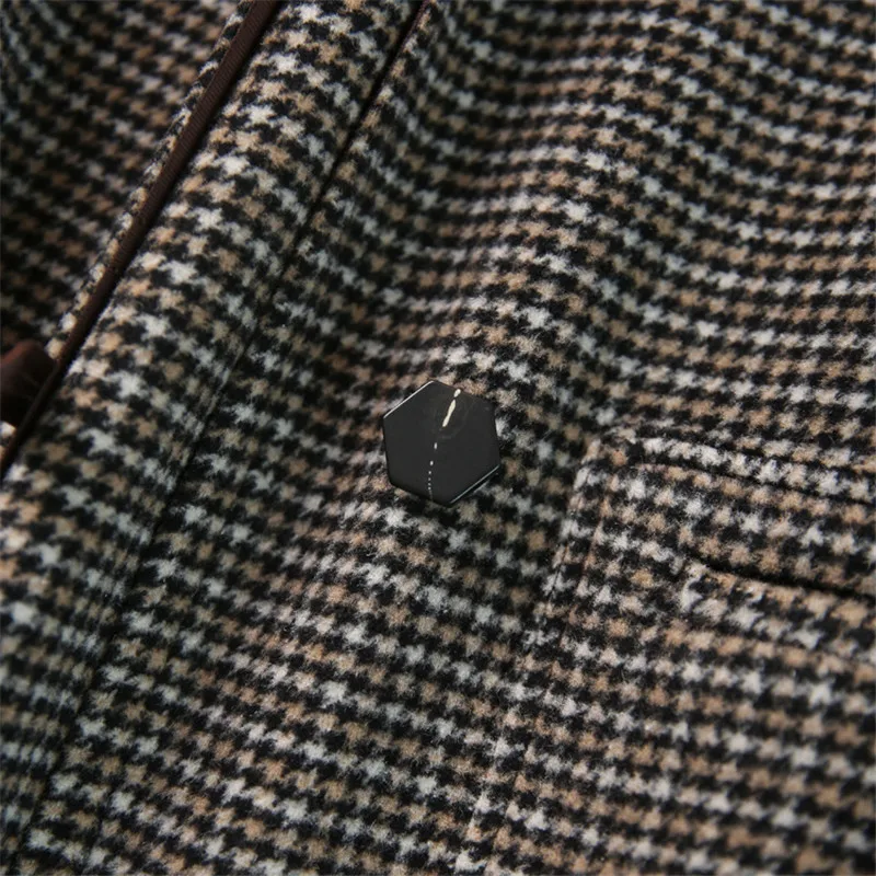 

Japanese Handmade Hooded Brown Houndstooth Loose Single-Breasted Wool Double-sided Woolen Autumn And Winter Jacket Women B014