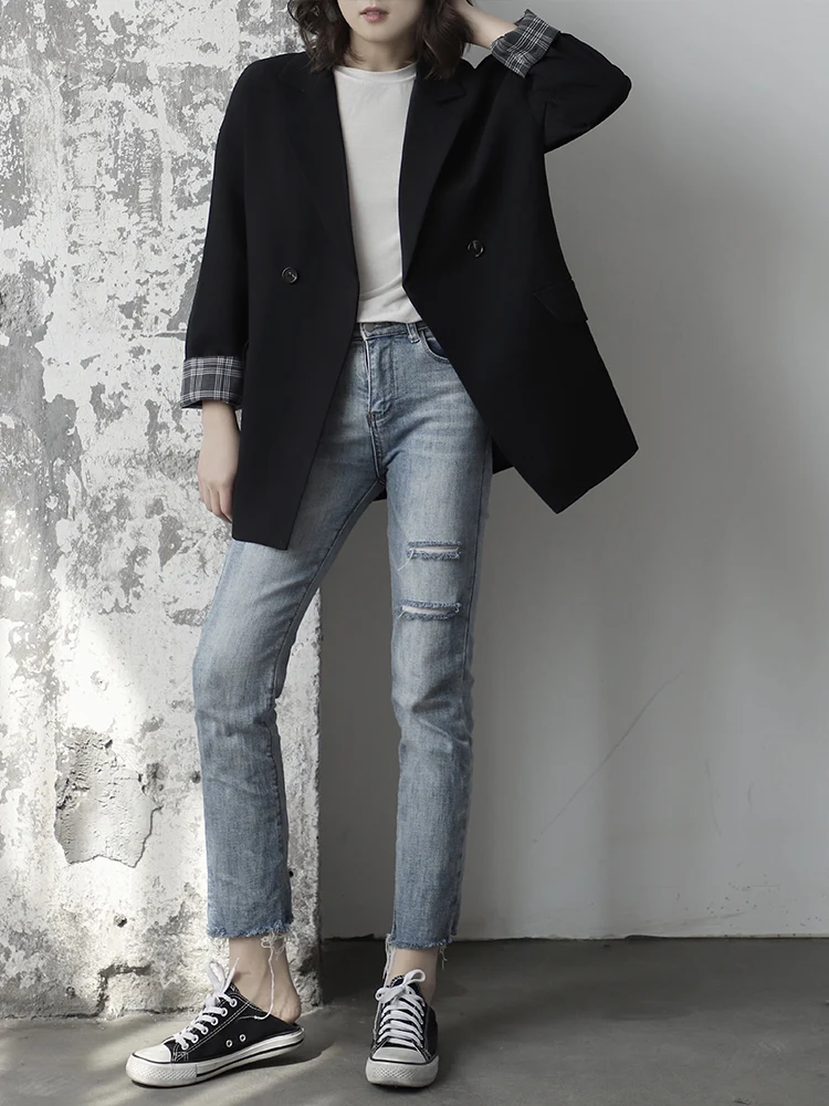 

LANMREM single breasted suit coat female autumn gray black casual loose British style small suit design blazers for women YJ647