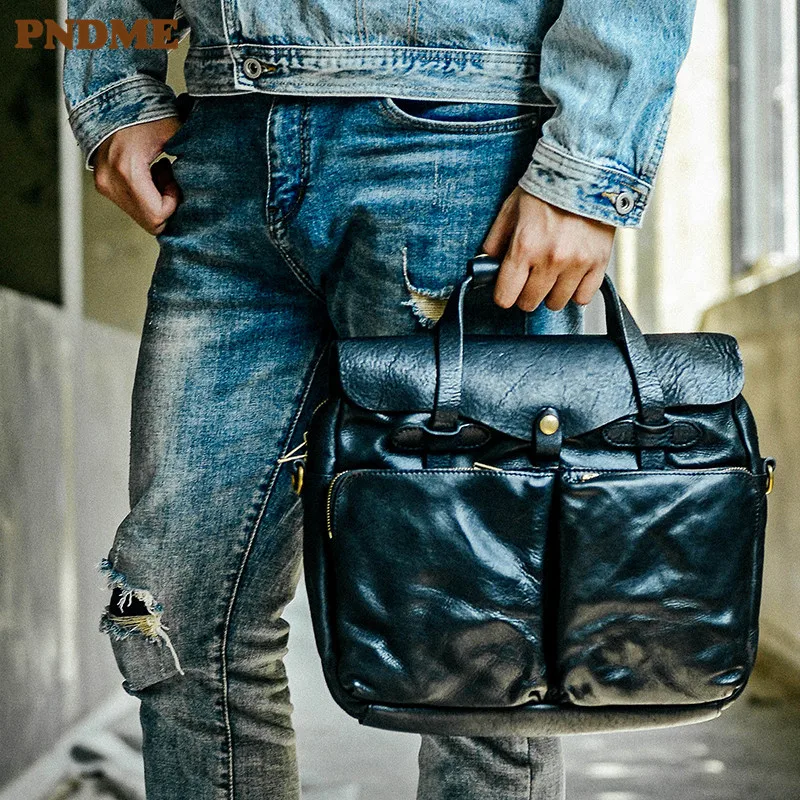 PNDME business fashion genuine leather black handbag luxury designer handmade briefcase natural real cowhide messenger bag