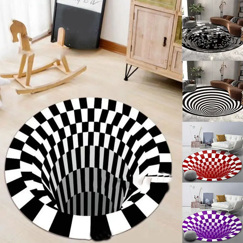 

Round Carpet Vortex Illusion Pattern Black&White Bedroom Floor Mat Anti-Skid Art Mat 3D Stereo Vision Stain Resistant Carpet