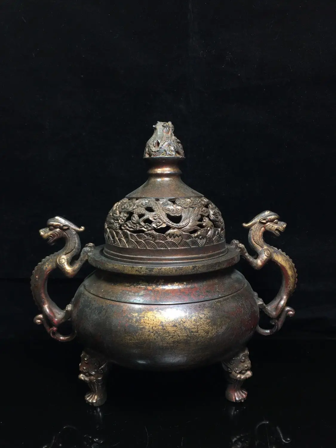 

11"Tibet Buddhism Temple Old Bronze Cinnabars Chinese dragon statue incense burner Tripod Dragon Incense Chilong furnace Enshrin