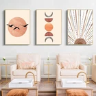 Настенная картина с абстрактными линиями, настенные постеры в скандинавском стиле с изображением солнца, луны, растений, оранжевых линий, для гостиной, домашний декор