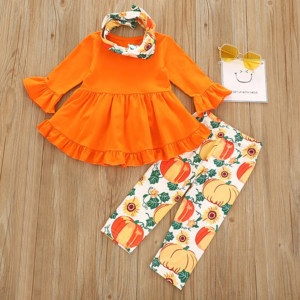 Winter Autumn Toddler Newborn Baby Girl Clothes Set Long Sleeve Halloween Outfits Pumpkin Print Pants+Tops+Scarf 6M-4Y | Детская одежда