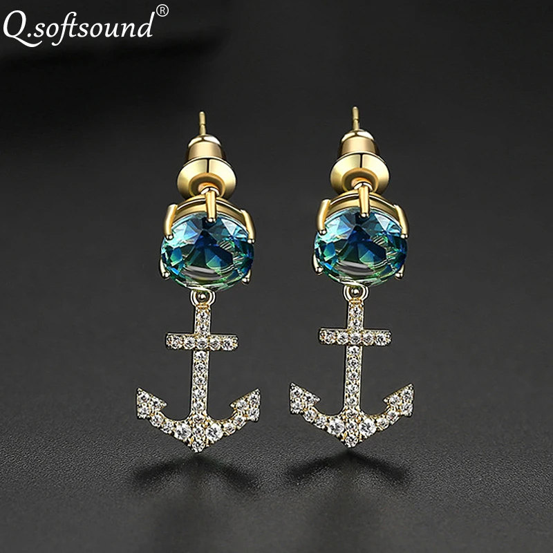 Новые цветные циркониевые серьги-гвоздики в форме якоря золотого цвета для