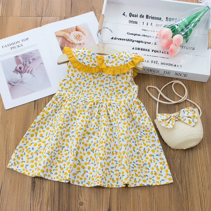 

New Summer Kids Dresses for Girls Children Girl Dress 2 Pcs Sets Apricot Print Doll Collar Sleeveless Girls Dresses+bow Bag 0-4Y