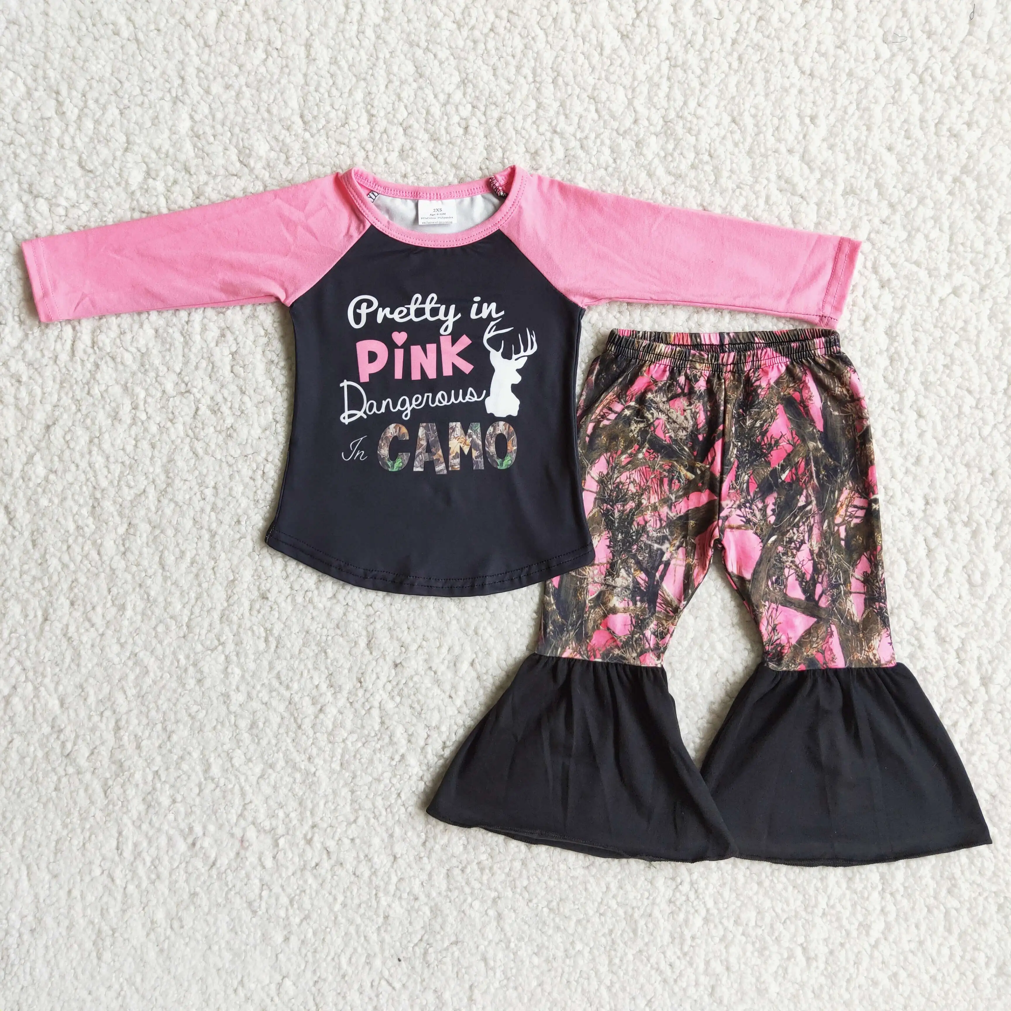 

Fashion Baby Girls Daily Outfits Long Sleeve Raglan Shirt Pink Camo Deer Pattern Bell Botton Pants