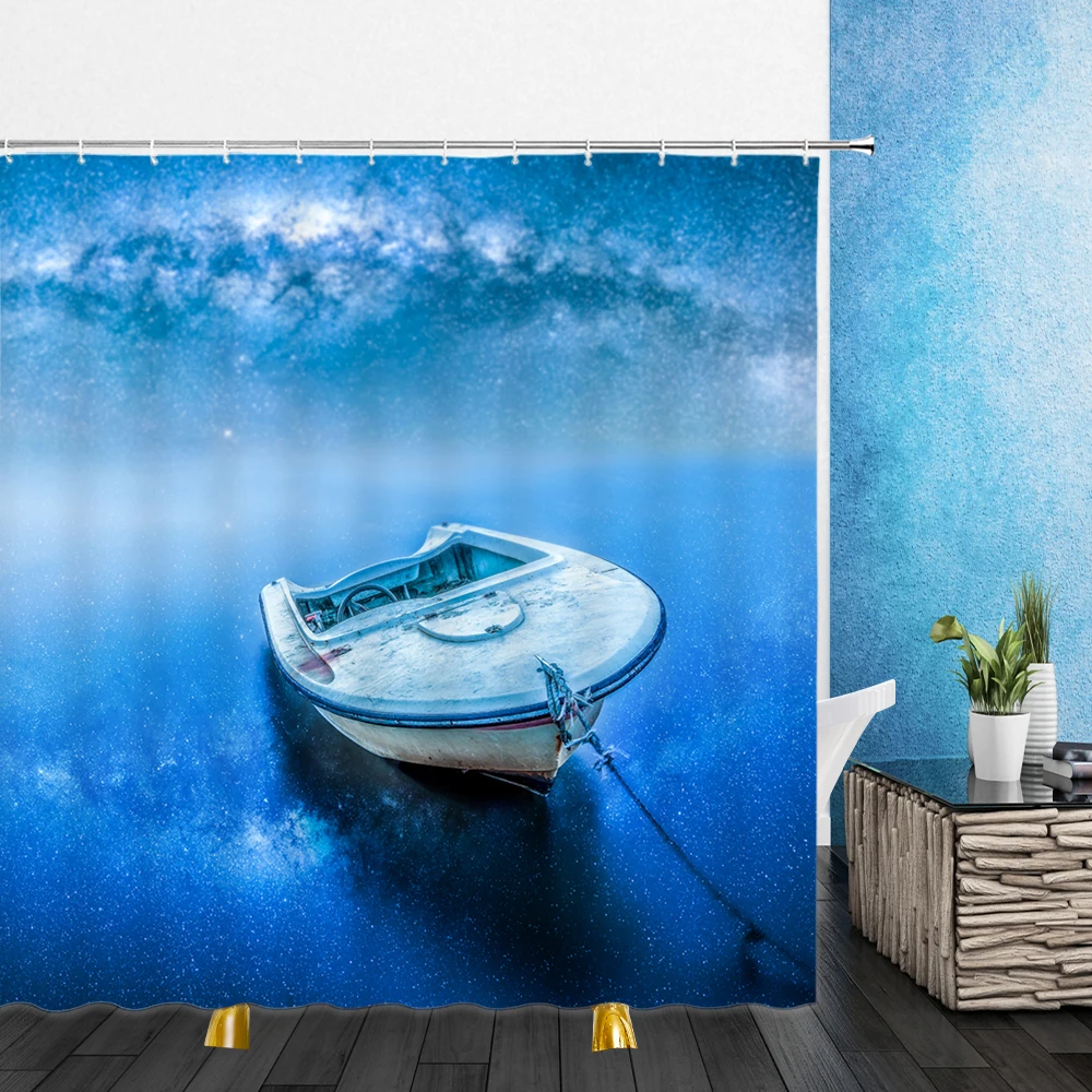 

Landscape Shower Curtain 3DPrint Seawater Rock Sailboat Natural Scenery Bath With Hooks Bathroom Home Waterproof Shower Curtains