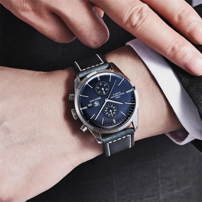 Часы BENYAR мужские с хронографом водонепроницаемые спортивные синие наручные часы
