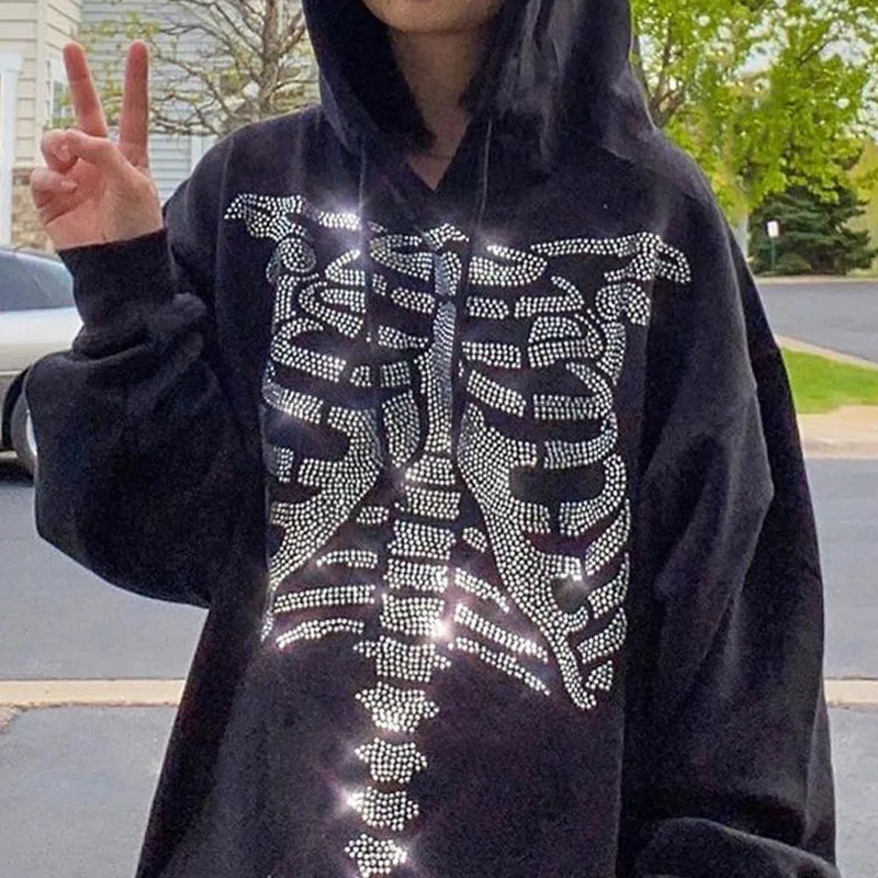 

Куртка Y2K в Корейском стиле, свободная Готическая куртка с капюшоном и длинным рукавом, на молнии, с принтом черепа в стиле Харадзюку, Одното...