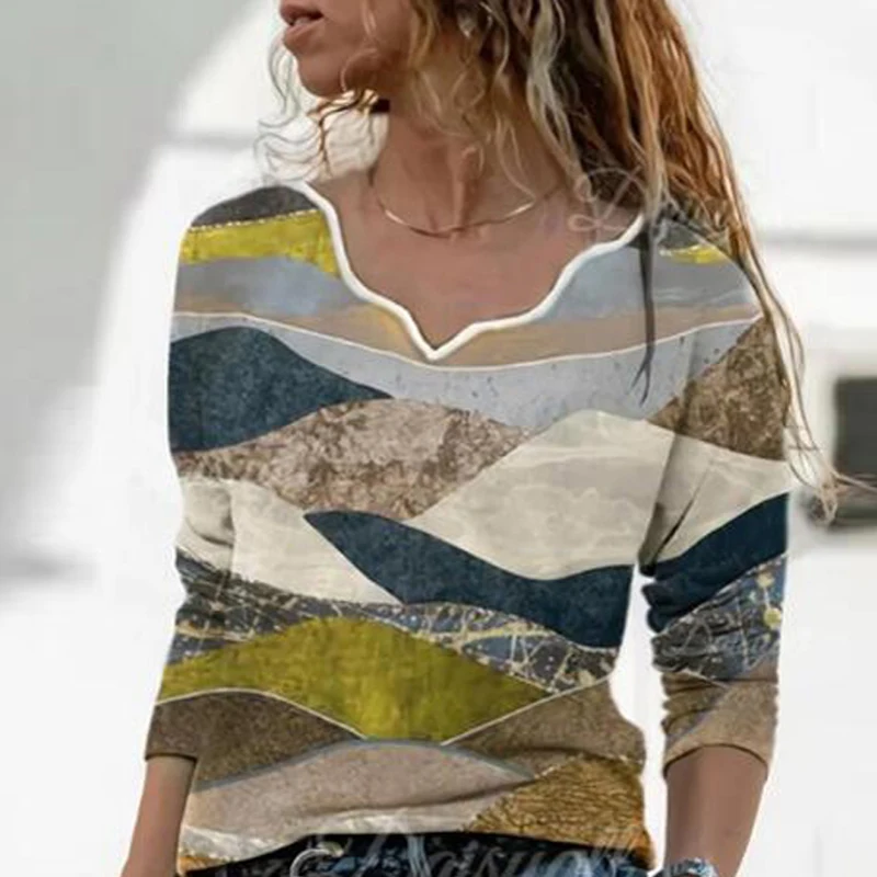 

Sexy Wave V neck Women Vintage Blouse Elegant Landscape Print Pullover Shirt 2021 Spring Autumn Long Sleeve Tops Blusa Plus Size