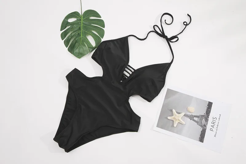 

Sexy Solid Black One Piece Swimwear Women Swimsuit Cut Out Backless Swimsuit Bandage Monokini For Beachwear Swim Bathing Suit