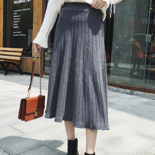 Осенне зимняя Длинная вязаная юбка для женщин серебристые блестящие