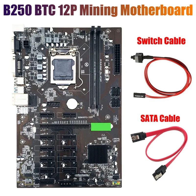 

B250 BTC Mining Motherboard with SATA Cable+Switch Cable LGA 1151 DDR4 12XGraphics Card Slot USB3.0 for BTC Miner Mining