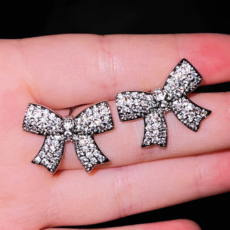 

Korean Style Bowknot Stud Earrings Full Inlay Shine Small Zircon Luxury 925 Silvery Women Wedding Engagement Christmas Jewellery