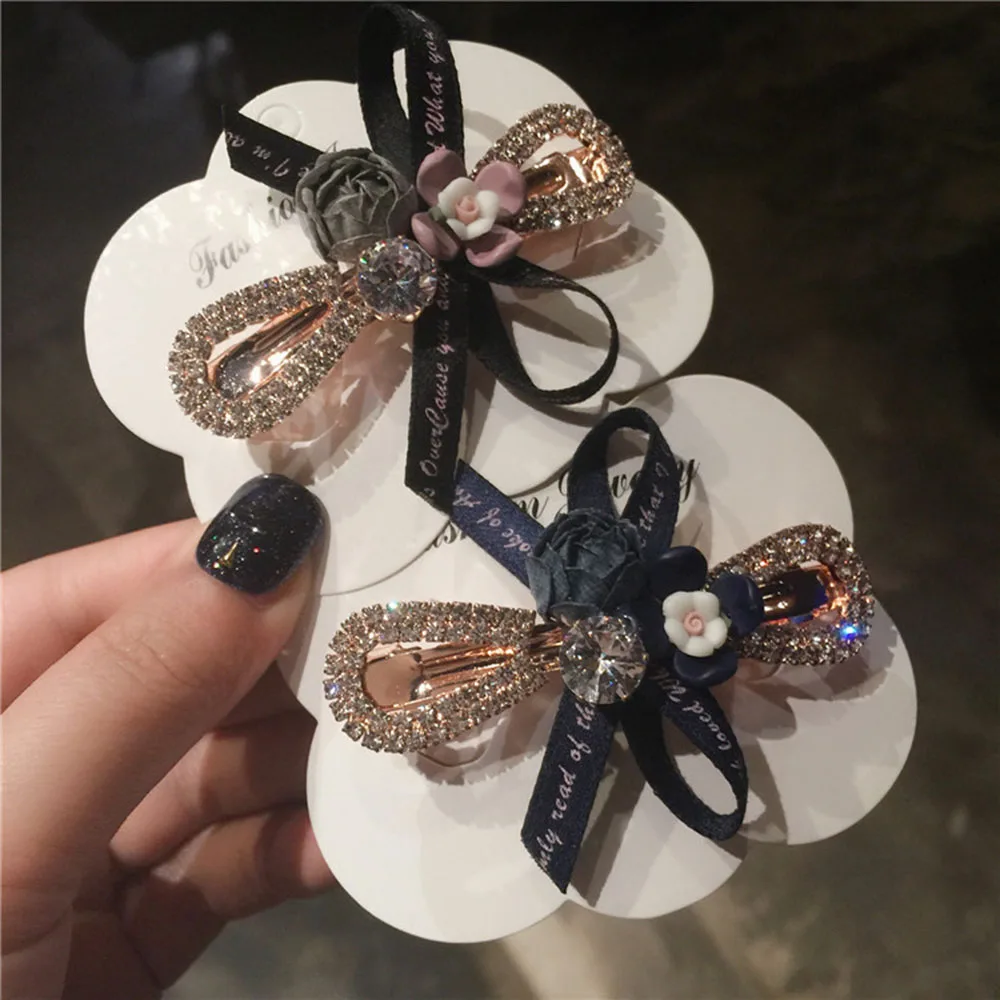 

1PC Korean Flower Hair Clip Crystal Bow Ribbon Hairpins Shiny Rhinestones Boutique Women Hair Accessories Ponytail Holder