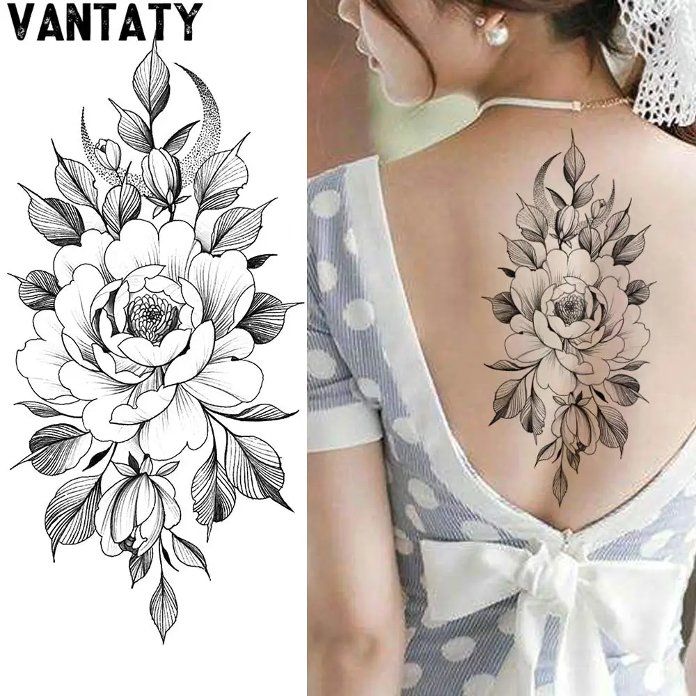 3D Black Flower Rose Temporary Tattoos For Women Waterproof Fake Body Art Arm Sketch Tattoo Stickers For Girls Decorative Tattoo