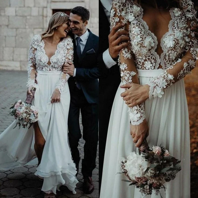 

New Arrival V Neck Long sleeve Wedding dresses 2021 Lace Appliques Chiffon Bride wedding gown Vestido noiva sukienki