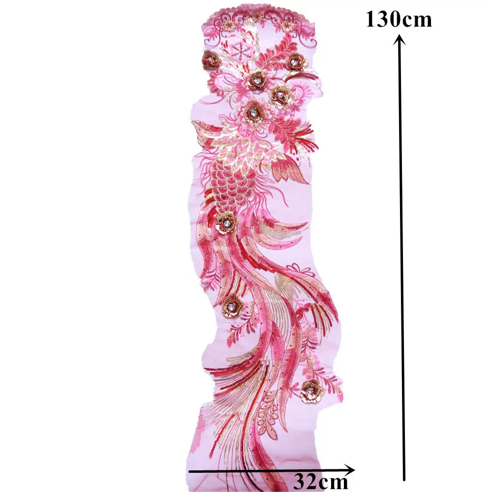 Кружевная ткань 130 см с красным Фениксом павлином блестками цветочной вышивкой