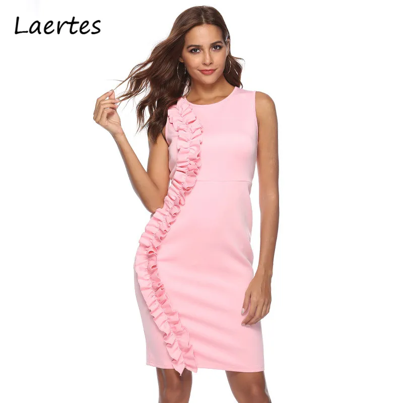 

Laertes модные летние облегающие кружевные розовые платья с оборками для женщин с круглым вырезом без рукавов обтягивающий Повседневный банда...