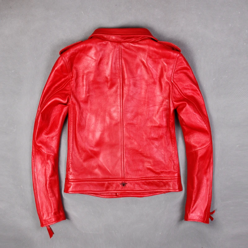 Осенняя женская короткая мотоциклетная куртка из натуральной овечьей кожи