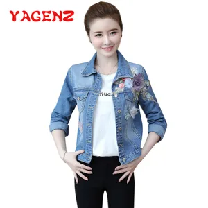 YAGENZ женская джинсовая куртка, короткое пальто, Casaco Feminino inverno, однобортная джинсовая куртка большого размера с цветочной вышивкой, 757