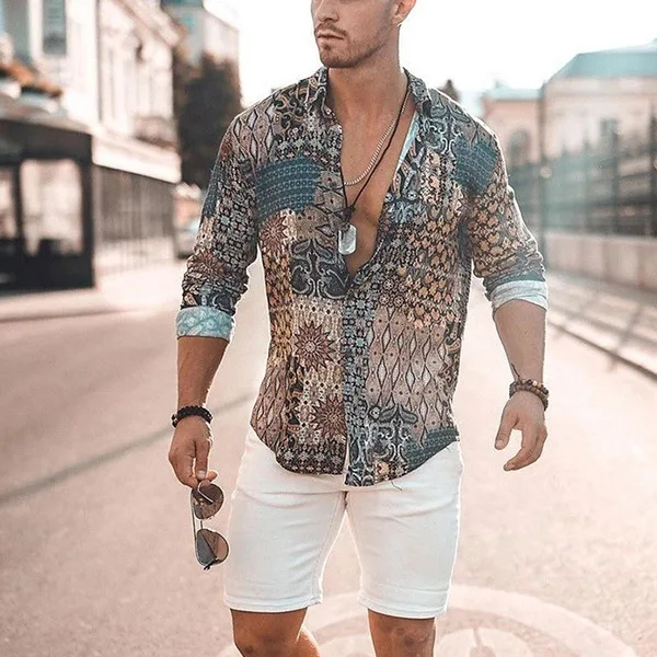

Мужская рубашка с длинным рукавом и принтом в этническом винтажном стиле, Пляжная дышащая рубашка, гавайская брендовая рубашка, 2020