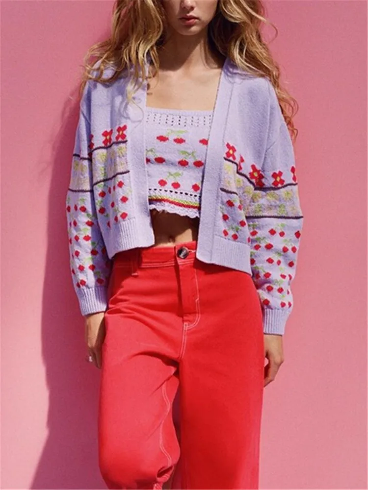 

ZA 2021 summer new women's clothing fashion sweet young fresh cardigan jacquard Cherry sweater camisole suit for women