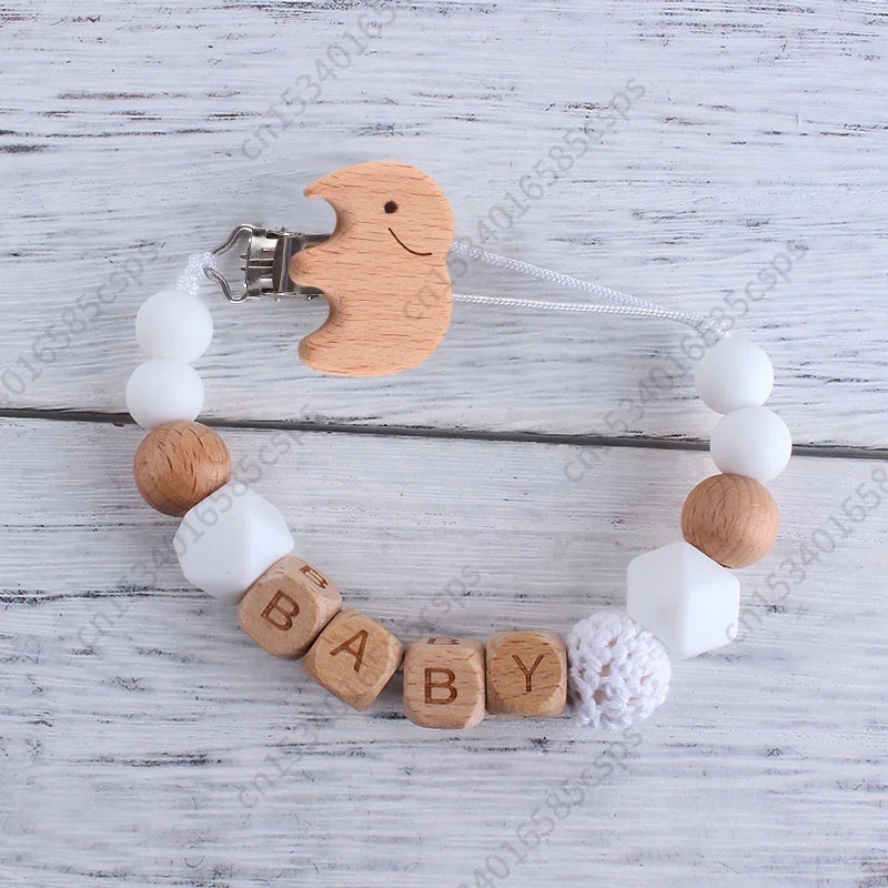 

Baby personalized Name Pacifier chain Cute Animal Elephant Beech Clip Wooden Pacifier clip holder Chain BPA Free Nursing Toys