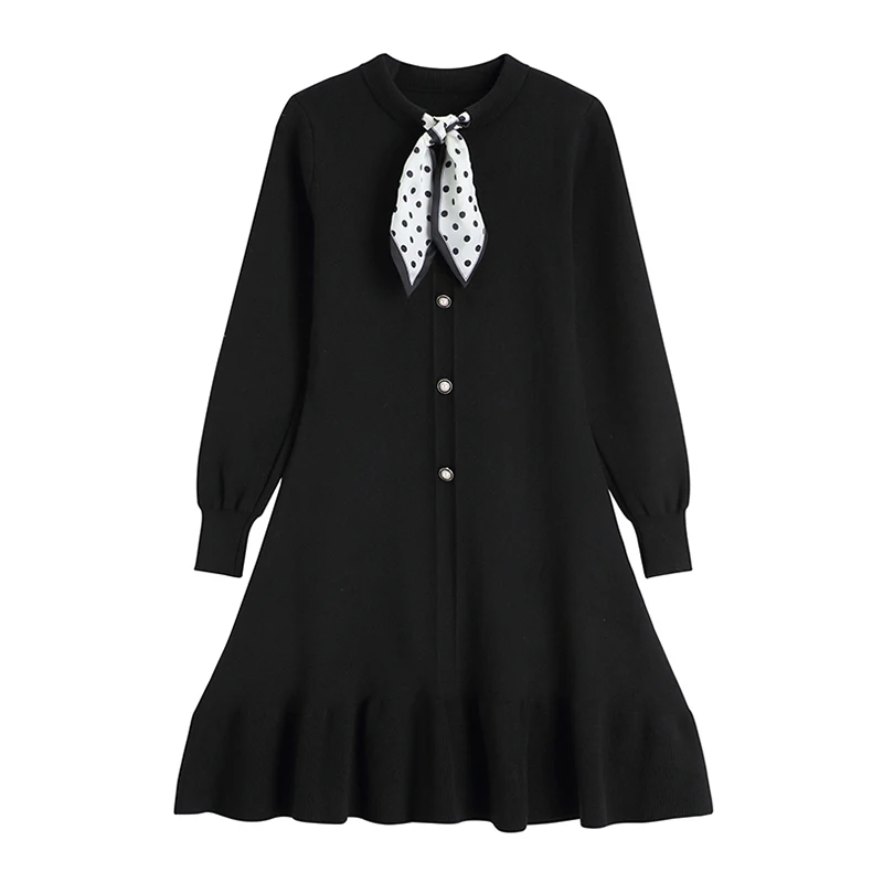 Винтажные вязаные платья шелковый шарф бандажный воротник длинный рукав-фонарик