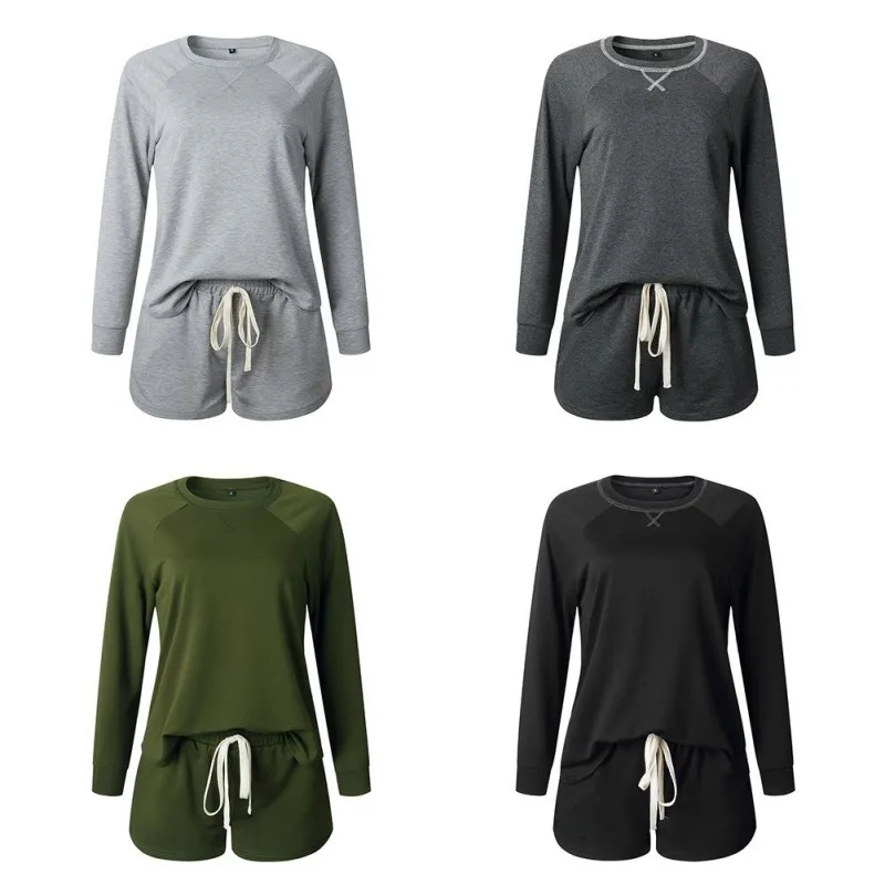 

Women Solid Color Sets 2020 New Loose Casual Comfortable Home Wear Suit Fashion O Neck T-shirt And Shorts 2 Pcs Suits M5